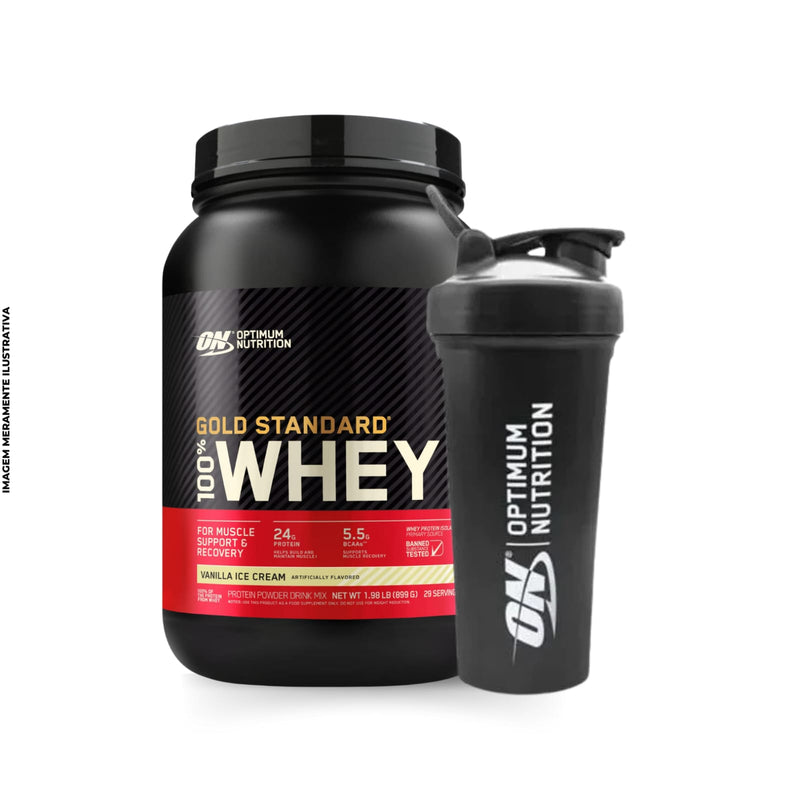 Gold Standard 100% Whey Protein 907g On Optimum Nutrition Sabor morango + Coqueteleira Exclusiva On