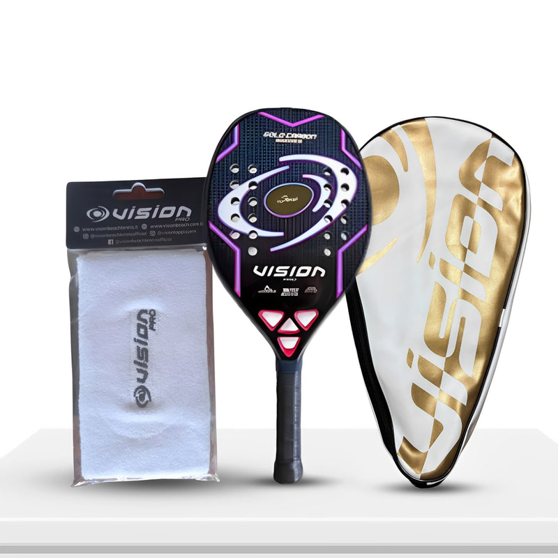 RAQUETE BEACH TENNIS VISION GOLD CARBON TITANIUM 2025 + ACOMPANHA CAPA E MUNHEQUEIRA EXCLUSIVA VISION